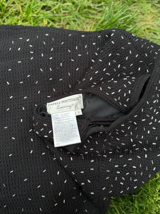 Papell Boutique Black Hand Crocheted Midi Dress with Silver Bead Accents - Picture 3 of 8